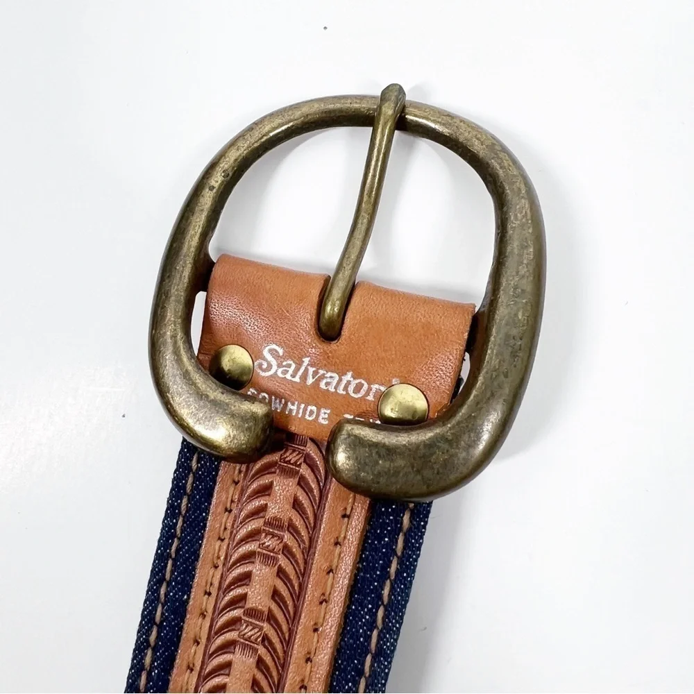 Salvatore #9725 tooled cowhide and denim belt